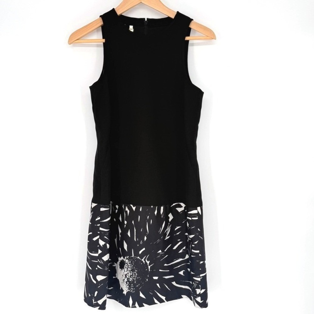 4C Anthropologie Black Silk Floral Colorblock Mod Sleeveless Dress 2 60s Style